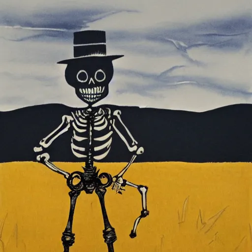 Prompt: skeleton scarecrow in a field, printmaking