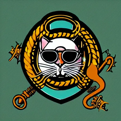 Image similar to “Coat of arms with vertical symmetry depicting a cat wearing aviator goggles, seated on a coiled serpent pierced by a sword. heraldic”