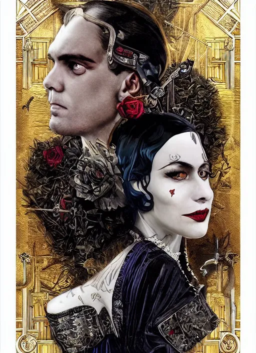 Prompt: tarot card :: horror :: vampires and draculas :: the great gatsby :: hearts and roses :: gold and silver :: guns and swords :: side profile :: highly details :: intricate details :: Sandra Chevrier and bastien lecouffe deharme