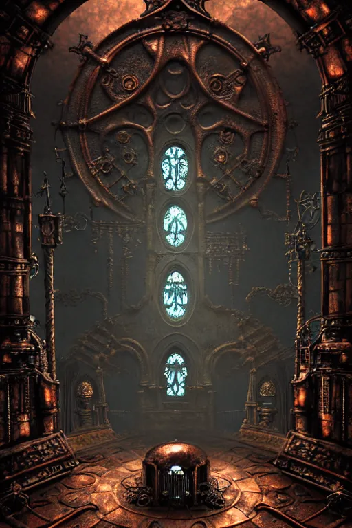 Image similar to steam necropolis, memento mori, gothic, neo - gothic, art nouveau, hyperdetailed copper patina medieval icon, stefan morrell, philippe druillet, ralph mcquarrie, concept art, steampunk, unreal engine, detailed intricate environment, octane render, moody atmospherics, volumetric lighting, ultrasharp, ominous, otherworldly