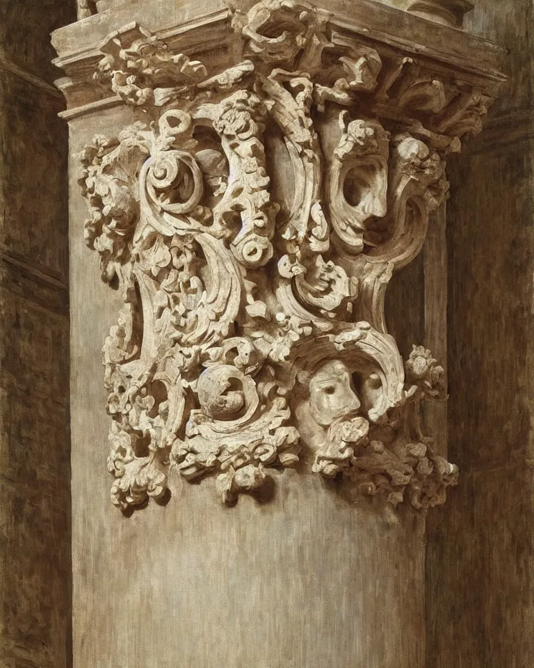 Prompt: achingly beautiful painting of intricate ancient roman corinthian capital on taupe background by rene magritte, monet, and turner. giovanni battista piranesi.