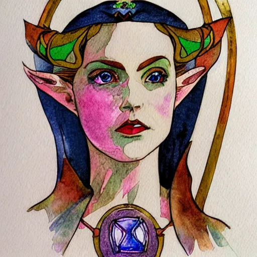 Prompt: princess zelda, art nouveau, victor horta, iridescent lighting, realistic watercolor and ink portrait,