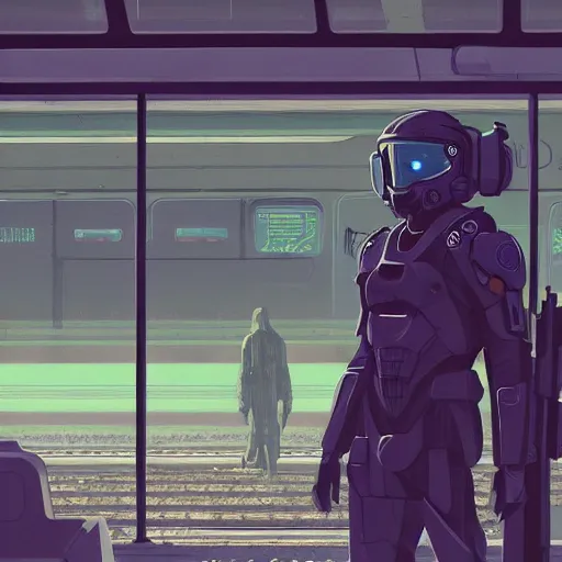 Prompt: master chief waiting for a train at a train station, cyberpunk art by tomer hanuka, cgsociety, photorealism, matte drawing, digital illustration, digital painting