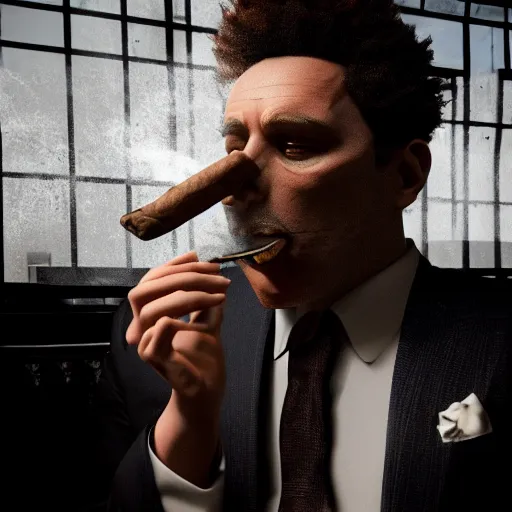 Image similar to a lion smoking a cigar wearing a suit, subject= lion, subject detail: wearing a suit, subject action: smoking a cigar, dramatic lighting, cinematic lighting, establishing shot, photorealistic, high details, cinematic, 8k resolution, extremly detailed, photorealistic, artstation, unreal engine