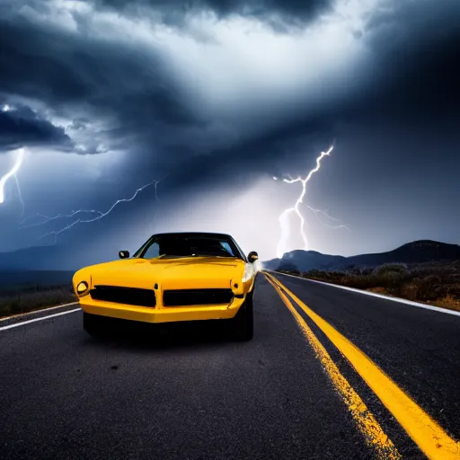 Prompt: black trans - am driving towards the camera, mountain, valley, breathtaking mountains, lake, dynamic, sunrise, cinematic, motionblur, sunbeams, volumetric lighting, wide shot, low angle, large lightning storm