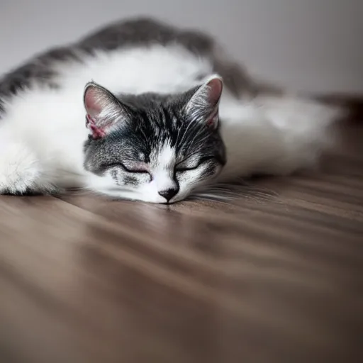 Prompt: gray and white cat sleeping on the hardwood floor, fluffy, dimly lit room