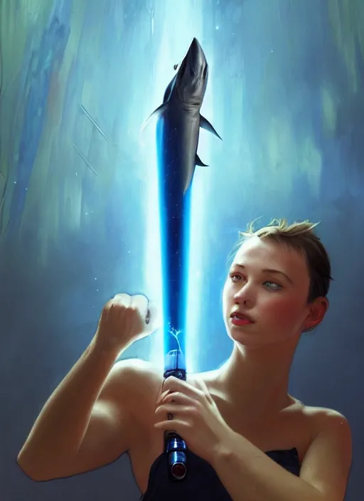 Image similar to blue thrasher shark holding a lightsaber, fantasy, wonderful masterpiece highly detailed, scifi, beautiful cinematic light deep focus, elegant, digital painting, smooth, sharp focus, golden ratio, dramatic illumination, ultra realistic, 8 k, art by ilya kuvshinov, artgerm, alphonse mucha, and greg rutkowski