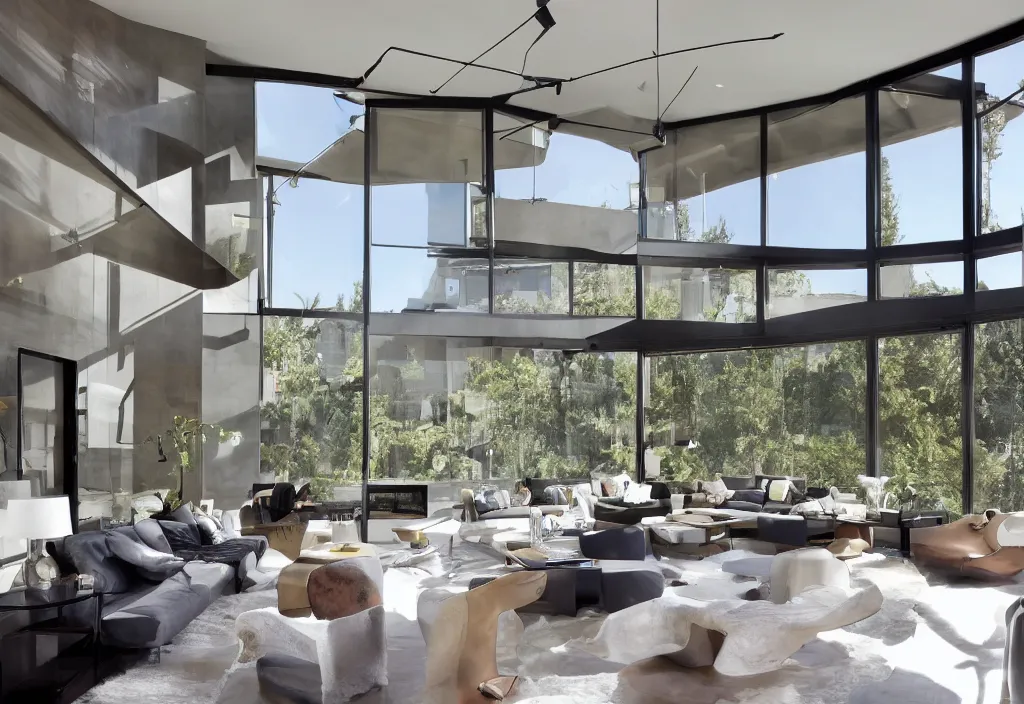 Image similar to a modern interior design, living room, residential design, floor - to - ceiling windows, by bobby berk, trending ，