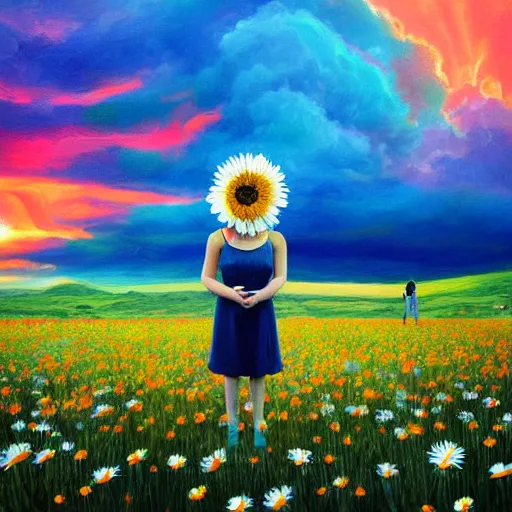 Image similar to giant daisy flower face, full body girl standing in a flower field, surreal photography, sunrise, dramatic light, impressionist painting, colorful clouds, digital painting, artstation, simon stalenhag