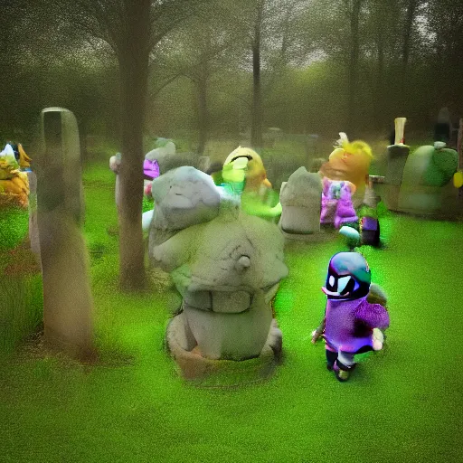 Image similar to teletubbies on cemetery trail camera footage