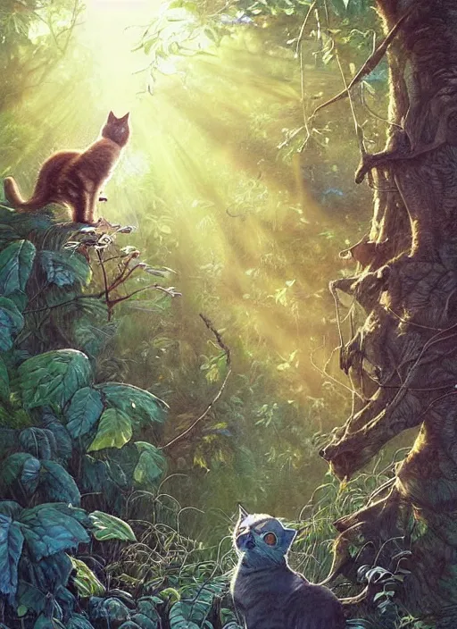 Image similar to a hyper realistic illustrated cat with happy lighting playing in the woods gorgeous lighting, sunbeams blue sky, lush forest foliage painting by chiara bautista and beksinski and norman rockwell and greg rutkowski weta studio, and lucasfilm