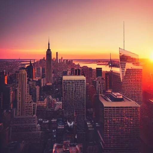 Image similar to sunset above new york, beautiful landscape, high detail, instagram photo, professional dslr photo, creative composition, beautiful composition