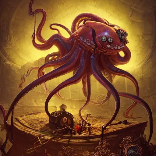 Prompt: fantasy steampunk giant Squid with tentacles and sushi knife frantically playing a big rock&roll drum set in the spotlight dystopian photorealistic, by Philipp A. Urlich and Pengzhen Zhang an Andreas Rocha, fantasy, intricate, elegant, highly detailed, digital painting, artstation, blender, unreal engine 5, octane render, smooth, sharp focus, illustration