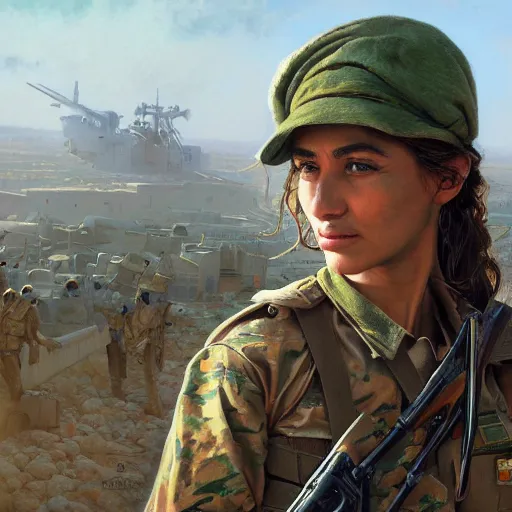 Image similar to beautiful YPJ soldier in the defense of Kobanî in the siege of Kobanî, detailed, centered, digital painting, artstation, concept art, donato giancola, Joseph Christian Leyendecker, Boris Vallejo, Breathtaking, 8k resolution, extremely detailed, beautiful, establishing shot, artistic, hyperrealistic, beautiful face, octane render