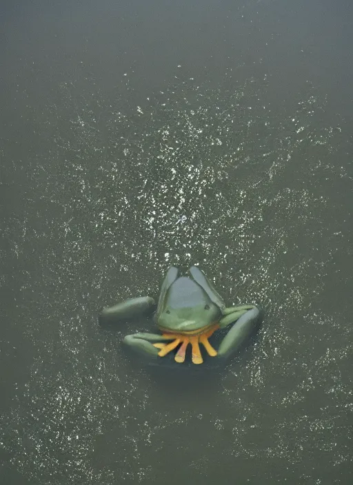 Image similar to semi translucent smiling frog amphibian hovering over misty lake in Jesus Christ pose, cinematic shot by Andrei Tarkovsky, paranormal, spiritual, mystical