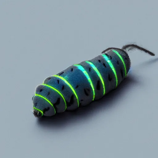 Image similar to studio photograph of a matte gray catterpillar with a neon blue head