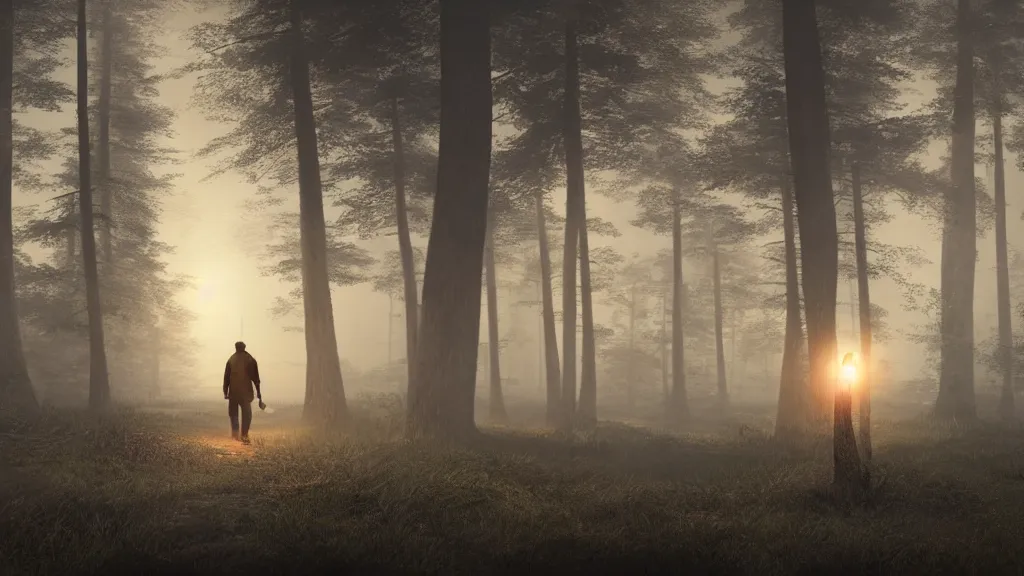 Image similar to beautiful closeup render of a man walking and holding a torch in the morning mist, unreal engine, soft light, stars, lake, fishing boat, by greg rutkowski, cgsociety