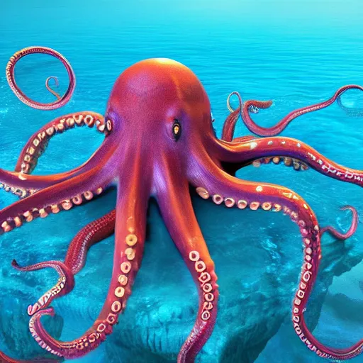 Image similar to realistic 3 d render of octopus with swirling detailed magical tentacles, holding illusions, in a fantastical ocean, octane render