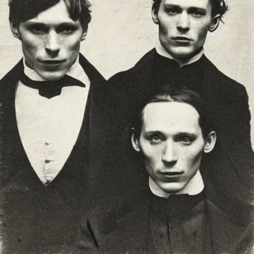 Image similar to early victorian headshot photograph of cillian murphy, tom hardy, tom hiddleston, very grainy, blurry, 1 8 4 0 s, 1 8 5 0 s, realistic face, rare
