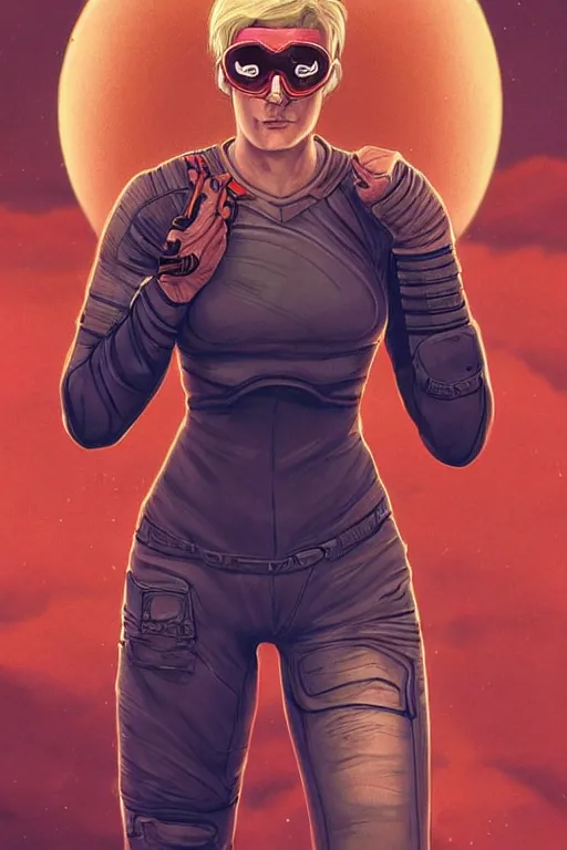 Image similar to tattooed stoic heroic emotionless butch blond woman engineer stranded on hostile dusty red alien planet, red dust storm, awkward and anxious, victorian goggles, very short slicked - back hair, by artgerm and moebius, ornate, stunning, nebula, explosions in the sky, trending on artstation