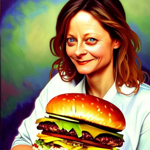 Prompt: oil painting of jodie foster with her big mac hamburgers, intricate, elegant, highly detailed, lighting, painting, artstation, smooth, illustration, art by greg rutowski and alphonse mucha