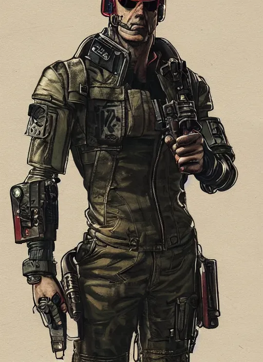 Image similar to menacing cyberpunk mercenary in military vest and jumpsuit. dystopian. portrait by stonehouse and mœbius and will eisner and gil elvgren and pixar. realistic proportions. cyberpunk 2 0 7 7, apex, blade runner 2 0 4 9 concept art. cel shading. attractive face. thick lines.