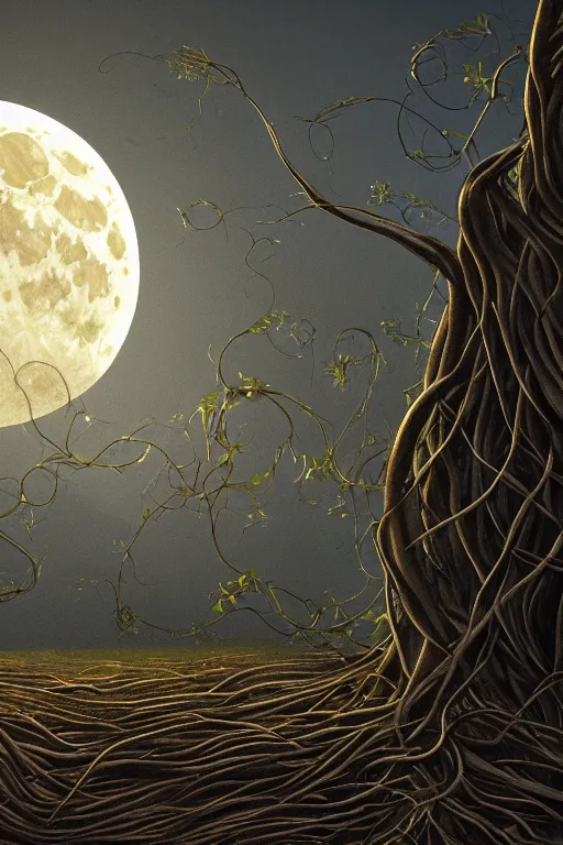 Image similar to a beautiful digital illustration painting of a detailed gothic fantasy full moon and roots, throne chair and vines by giorgio de chirico, and david rios ferreira. 8 k resolution trending on artstation concept art digital illustration