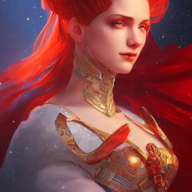 Prompt: close up portrait of beautiful classic female wearing red armor, astral nebula, glowing blue hair, subsurface scattering, artistic, art by artgerm, greg rutkowski and alphonse mucha, artstation, octane render,