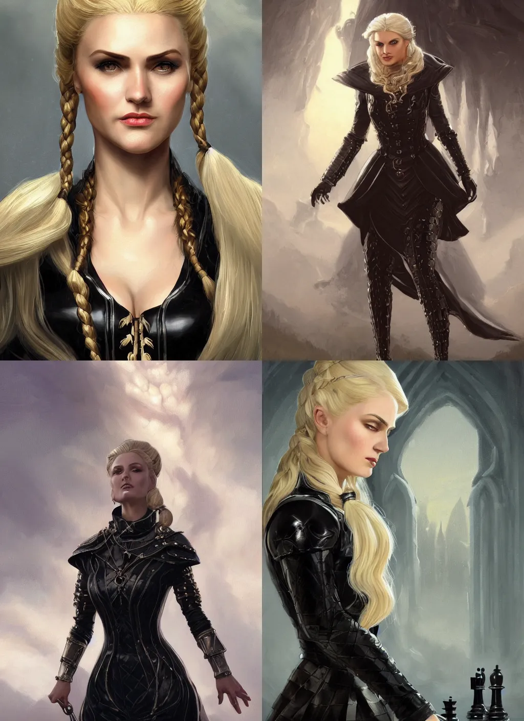 Prompt: a serious looking woman wearing a glossy black dress shaped like a chess piece, checkered motiffs, aquiline nose, blonde braided hair. fantasy concept art. moody epic painting by jc leyendecker, and thomas kinkade. artstationhq. oil painting, realistic. ( dragon age, witcher 3, lotr )