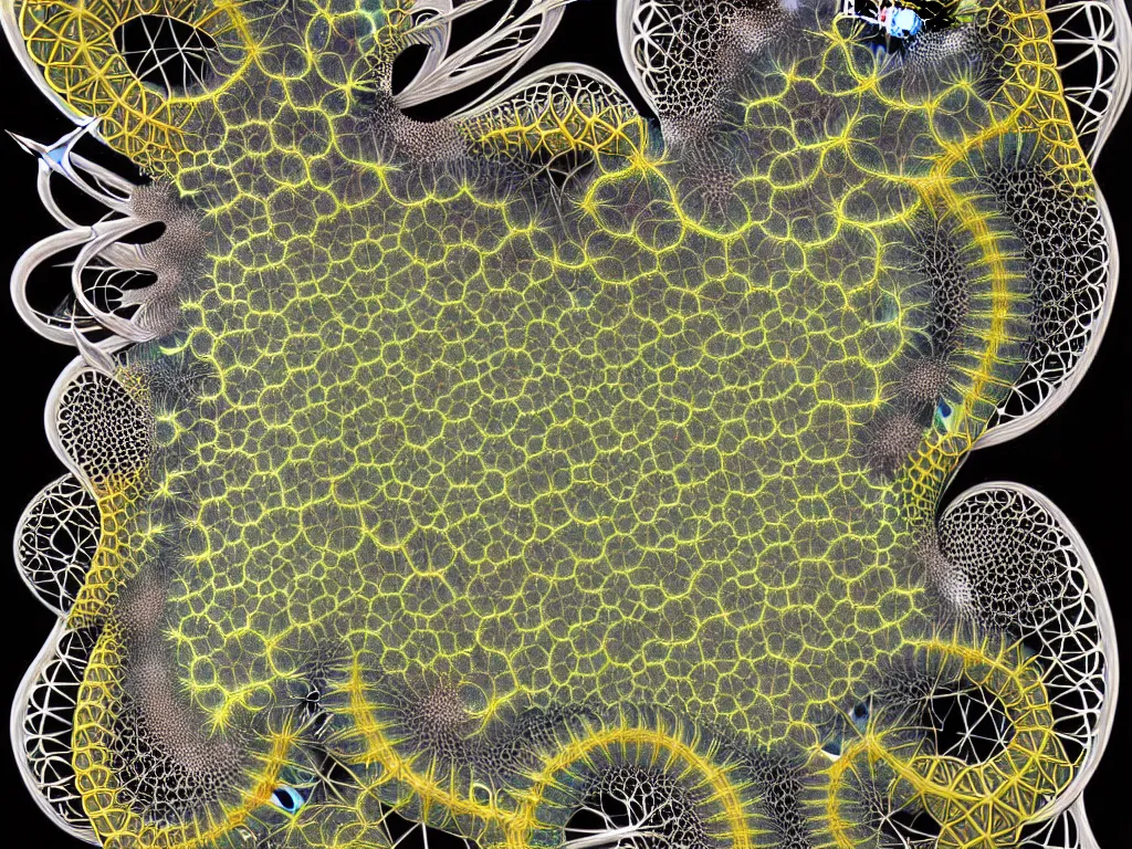 Image similar to hyper detailed rendr of fractal geometry platonic with neurons network, neo surrealism, art by ernst haeckel and daniel martin diaz