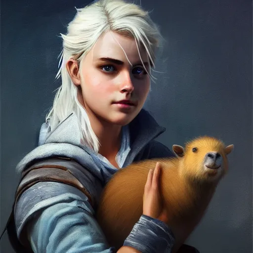 Image similar to ciri holding a capybara, expressive oil painting, digital art, beautiful lighting, highly detailed, trending on artstation, by Vincent va Gogh