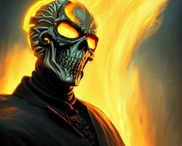 Image similar to a 4 k cinematic film screenshot still portrait of ghost rider, deep focus, d & d, fantasy, intricate, elegant, highly detailed, digital painting, artstation, concept art, matte, sharp focus, illustration, dark fantasy style art, hearthstone, art by artgerm and greg rutkowski and alphonse mucha