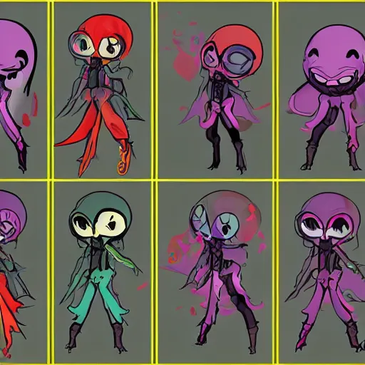 Image similar to character design sheets for a new vampire squid character, artwork in the style of splatoon from nintendo, art by tim schafer from double fine studios, black light, neon, spray paint, punk outfit, tall thin toothpick like frame adult character, fully clothed, gothic, colorful, sparkles and glitter