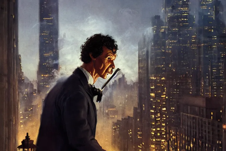 Prompt: portrait profile sherlock holmes smoking pipe on a perch facing the city at night, smoke rising, smooth, focus, highly detailed, hyper realistic, dramatic lighting, intricate, concept art, new york skyline, looking down, movie still, art by wlop, greg rutowski, artstation