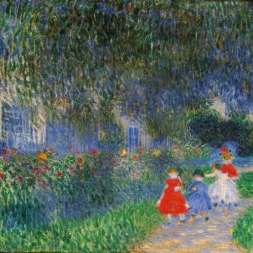 Prompt: monet chasing kids in the kindergarden