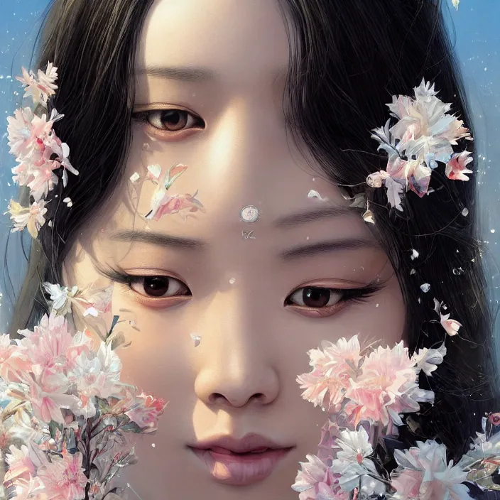 Image similar to a beautiful young charming asian goddess with sundress + jewelry + shinny eyes | | winter, symmetric, realistic shaded, unpleasant face, good looking, fine details, dior, lv, realistic shaded lighting poster by greg rutkowski, macoto takahashi, magali villeneuve, artgerm, jeremy lipkin and michael garmash