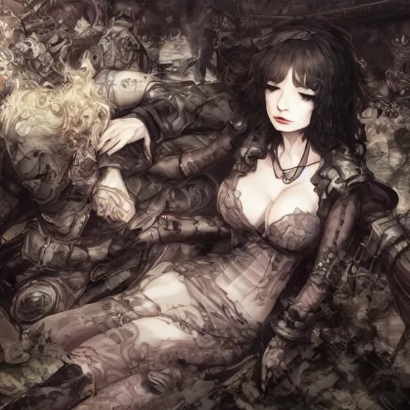 Image similar to christina hendricks!!!!! goth!!!!!, tankoban, 4 k, tone mapping, akihiko yoshida, james jean andrei riabovitchev marc simonetti, yoshitaka amano, long hair, curly, h. hydrochaeri