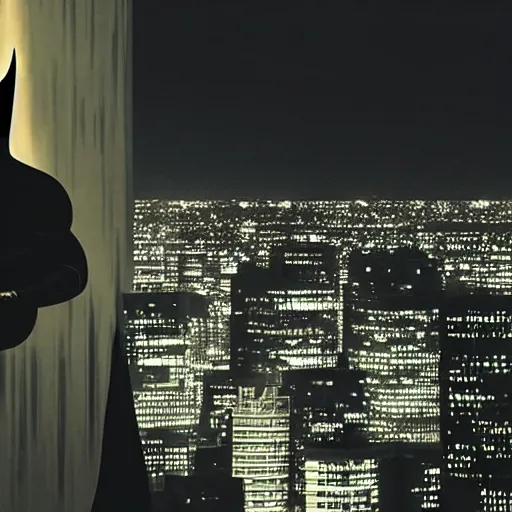 Prompt: Batman sitting on stop of a skyscraper, night, full moon