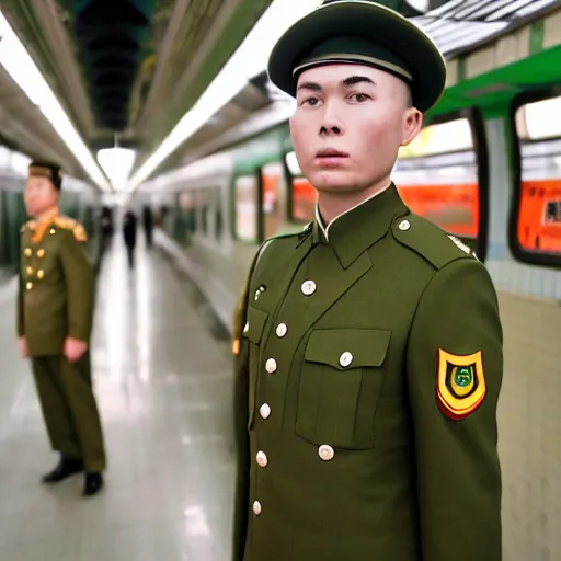 Image similar to cinematic shot of a bald young white man wearing a green chinese maoist military uniform standing in a Subway, 8k, very intricate, very detailed,