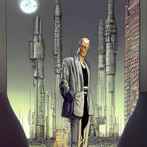 Image similar to Digital portrait of a scientist by Enki bilal and Moebius and francois Schuiten, cyberpunk, impressive perspective, aesthetic, masterpiece