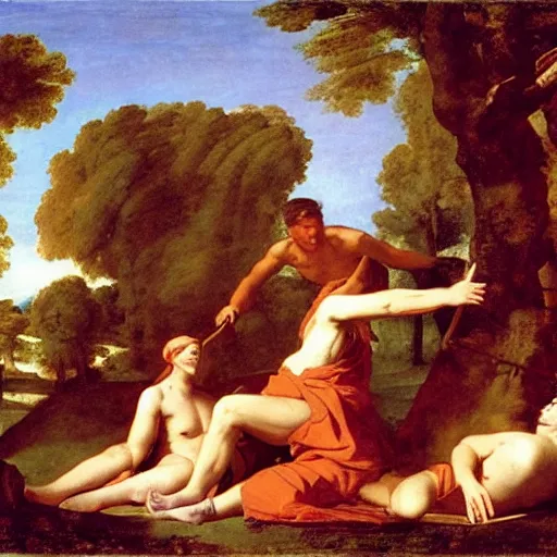 Image similar to shepherds of arcadia by poussin, all decently dressed characters