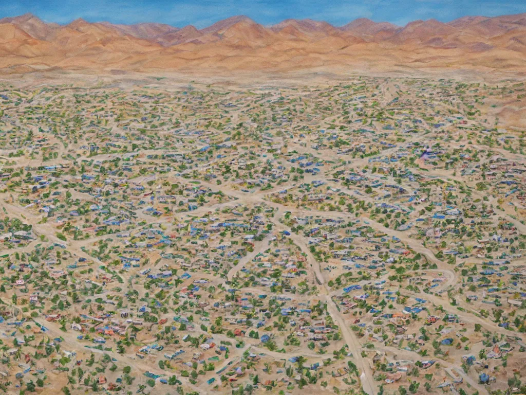 Image similar to landscape, bird view, large Trailer park in the desert near the oasis with a reservoir and rednecks, painting by Alison Elizabeth Taylor