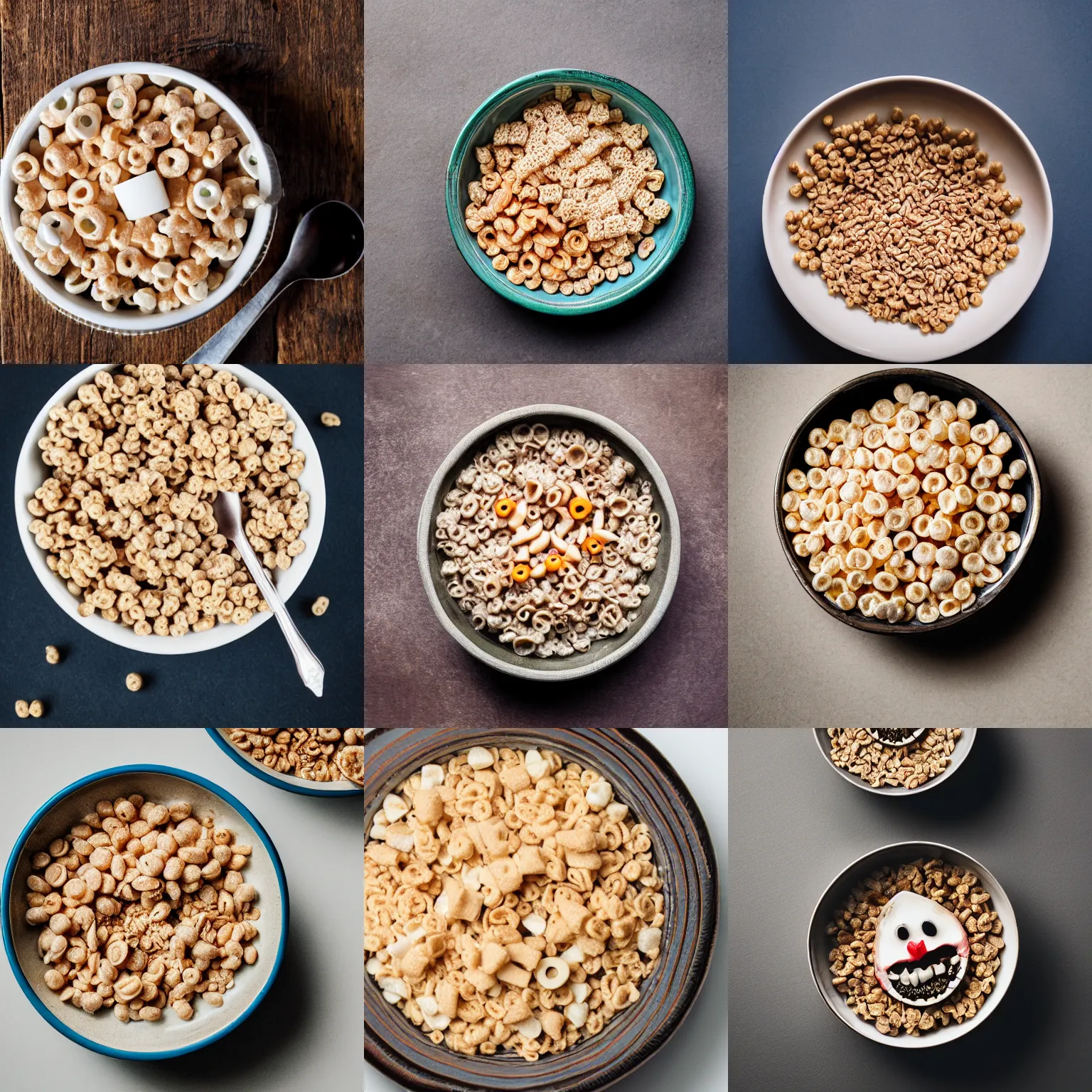 Prompt: a bowl of cereal made of teeth, high quality food photography