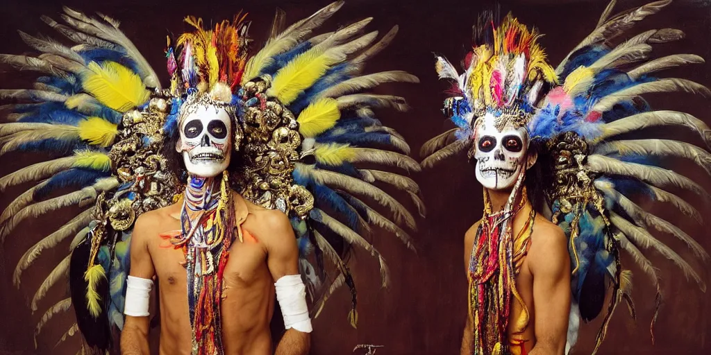 Image similar to ney matogrosso with malice, paint on face, feathers, leather, lace, gold wings on head, tibetan skeleton dancer, painting by gottfried helnwein, salivdor dali, raqib shaw