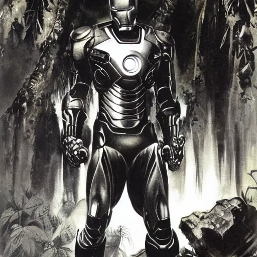 Prompt: portrait of iron man in the jungle by frank frazetta