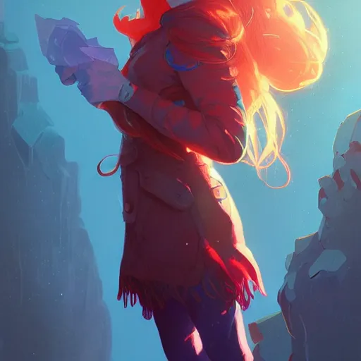 Image similar to madeline from celeste, blue bubble jacket red long hair, highly detailed, digital painting, artstation, concept art, sharp focus, illustration, art by greg rutkowski and alphonse mucha