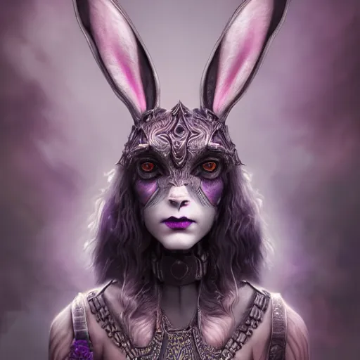 Image similar to tom bagshaw, soft painting fractal curiosities carnival, very beautiful female rabbit hybrid in full ornated nightshade armor, symmetry accurate features, focus, very intricate ultrafine details, black white purple volumetric clouds, award winning masterpiece, octane render 8 k hd