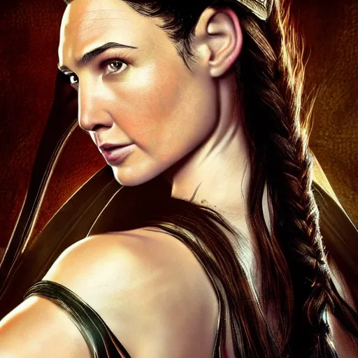 Prompt: Portrait of Gal Gadot starring as Tauriel from The Hobbit, bow and arrow, movie art