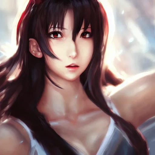 Prompt: head and shoulders of tifa lockhart by wlop, rossdraws, mingchen shen, bangkuart, sakimichan, yan gisuka, jeongseok lee, artstation, 4k