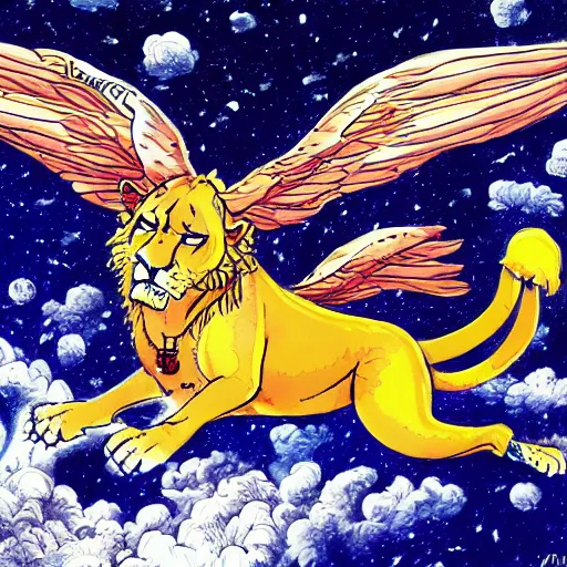 Prompt: lioness with wings flying in space, ink on paper, 8k high quality detailed art, trending on art station, by Eiichiro Oda